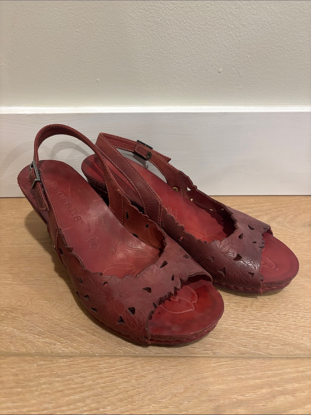 Red Neosens Leather Slingback Wedge Sandals